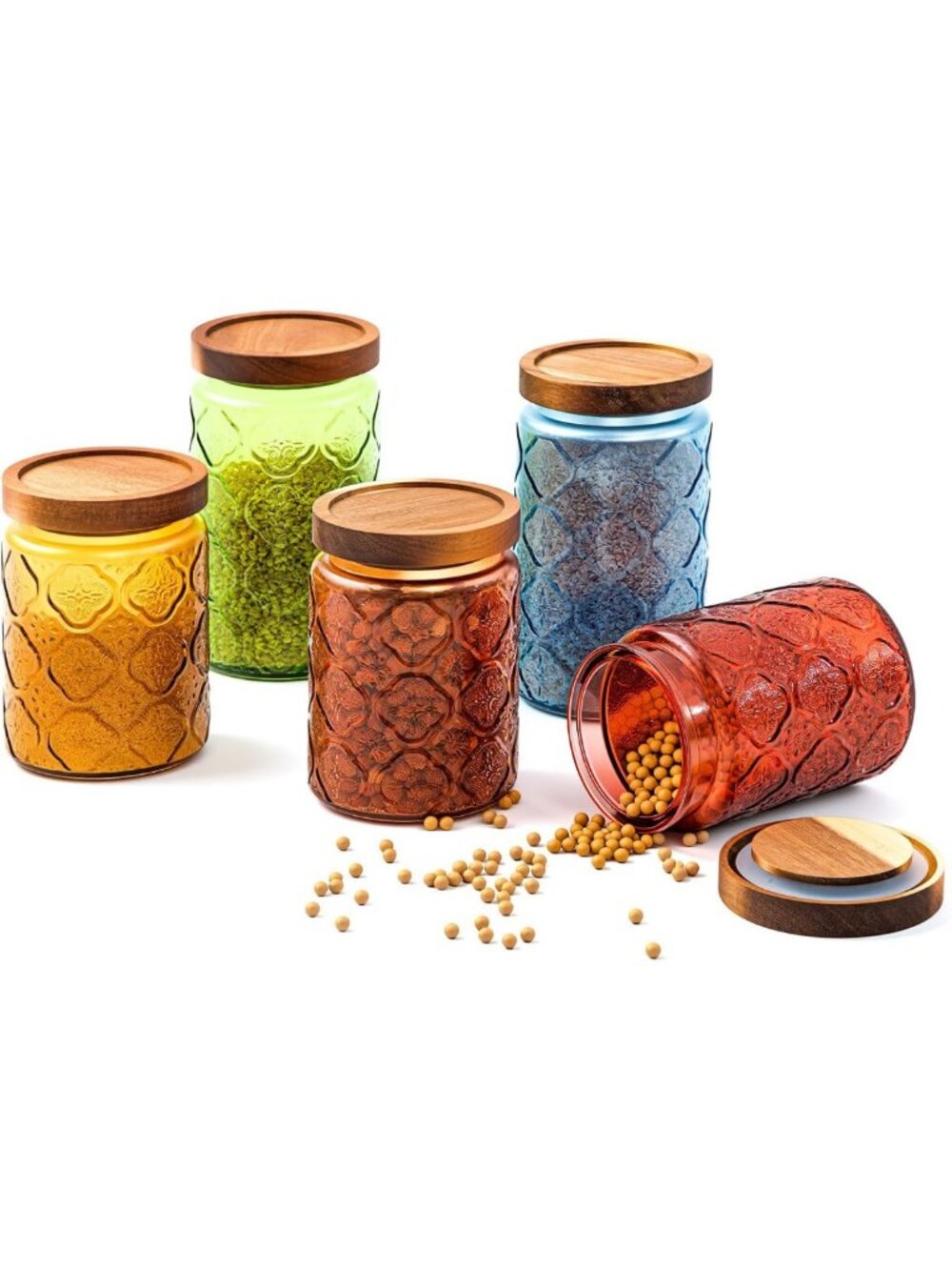 Set of 5 Vintage Colored Glass Jars with Wooden Lids - Perfect for Storage